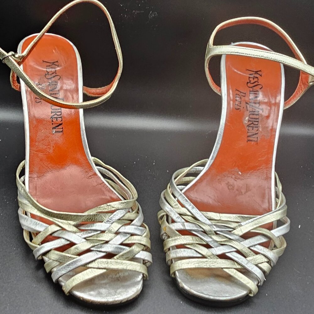 Yves Saint Laurent Metallic Strappy Heels – Gold & Silver, Size 7.5